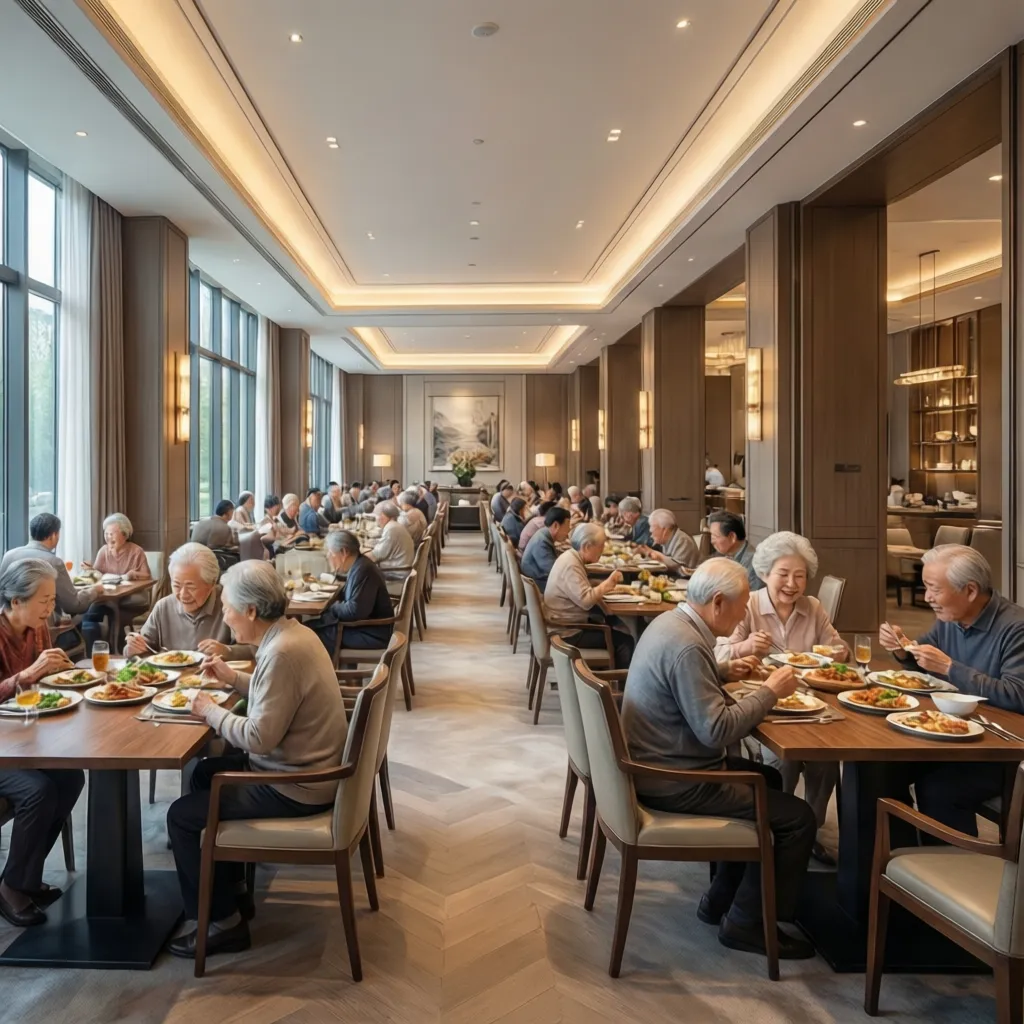 Restaurant style dining hall inside luxury senior living facility