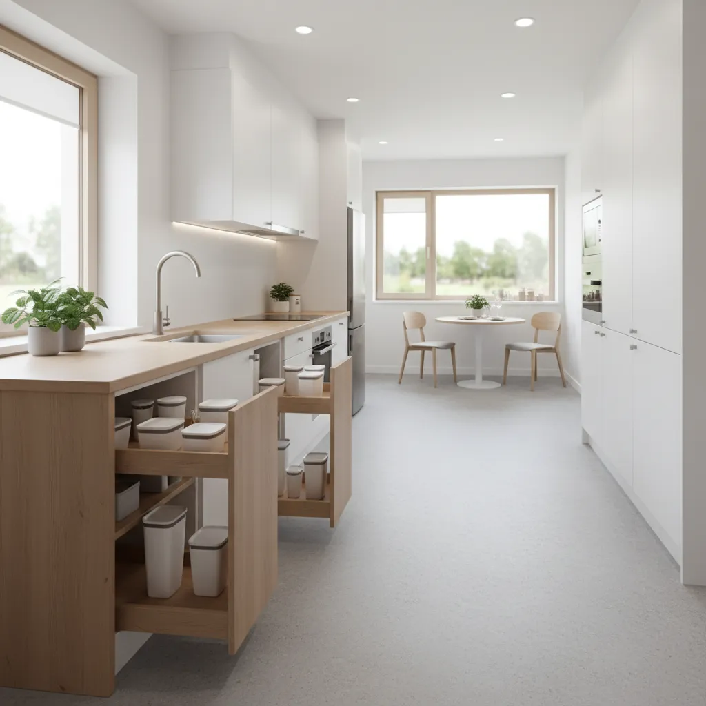 Bright kitchen featuring open wooden pull-out drawers with storage bins and small dining table set