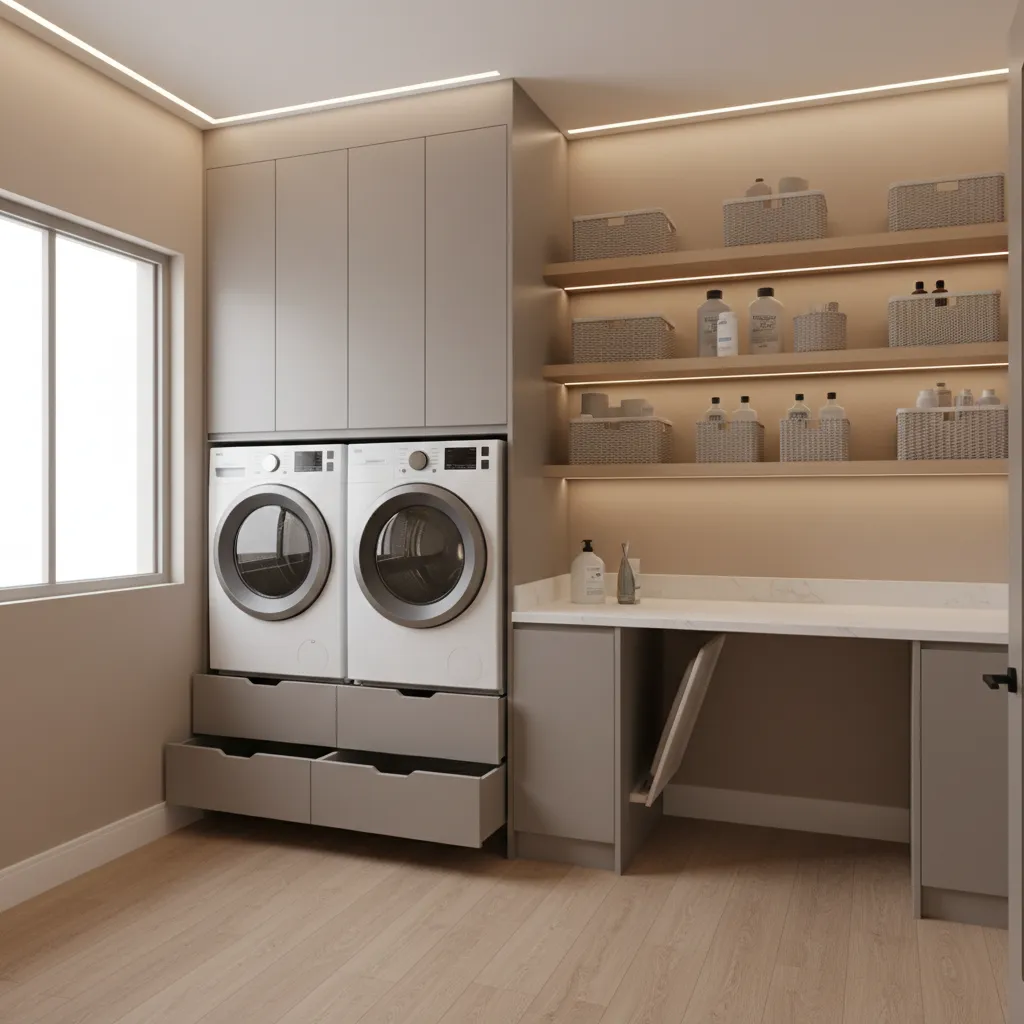 Modern laundry room with grey cabinets two white washing machines on drawers and open shelves