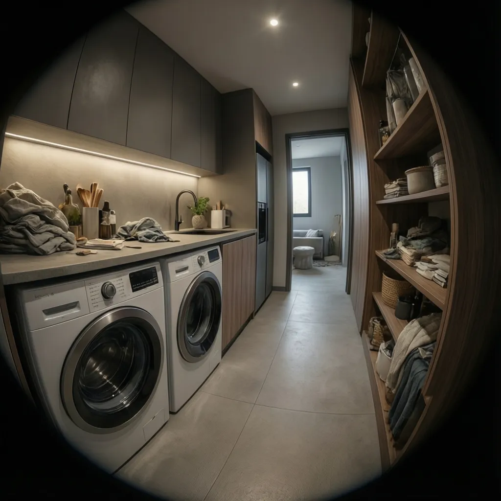 Narrow laundry room with washing machine and dryer under dark cabinets plus wooden storage shelves