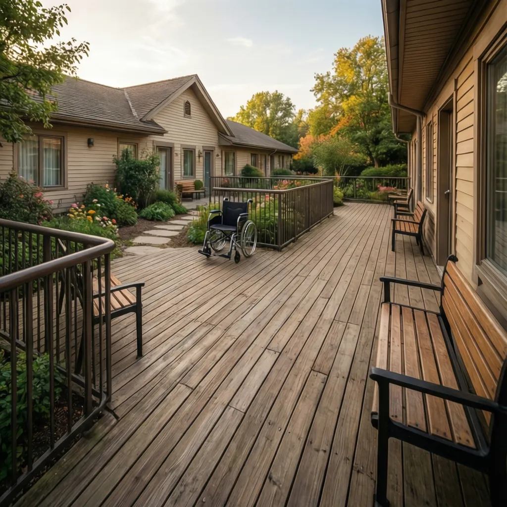 Senior friendly outdoor deck area with wide walking paths and seating
