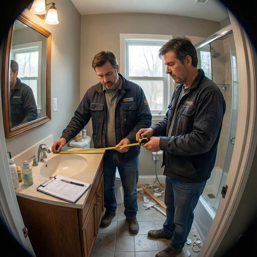 Contractor inspecting a bathroom for accessibility renovation planning