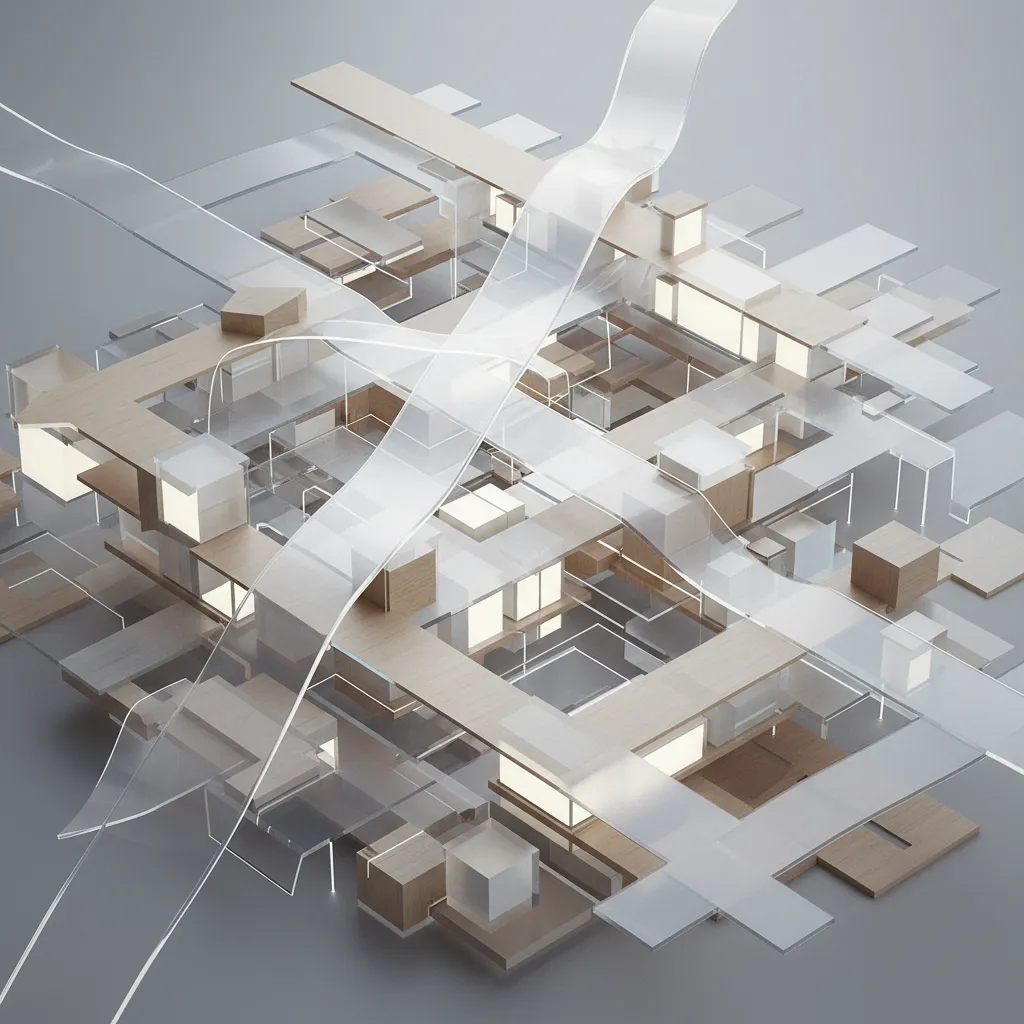 Modern abstract interior design drawing with glass ribbons wood panels and glowing light boxes for layout