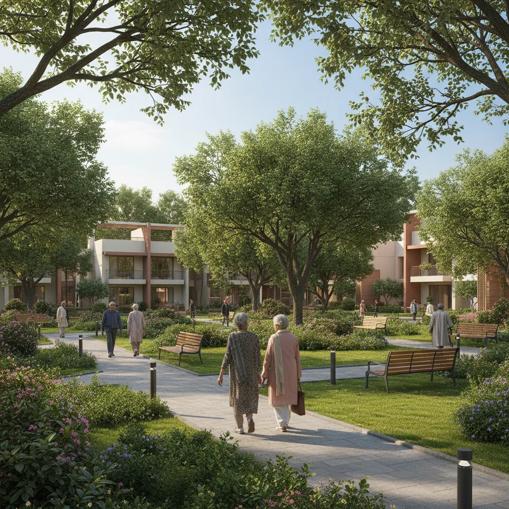 Senior residents walking in landscaped garden of a retirement community in Hyderabad