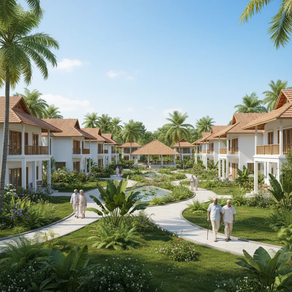 Retirement community campus in Kerala with landscaped walkways and residential buildings