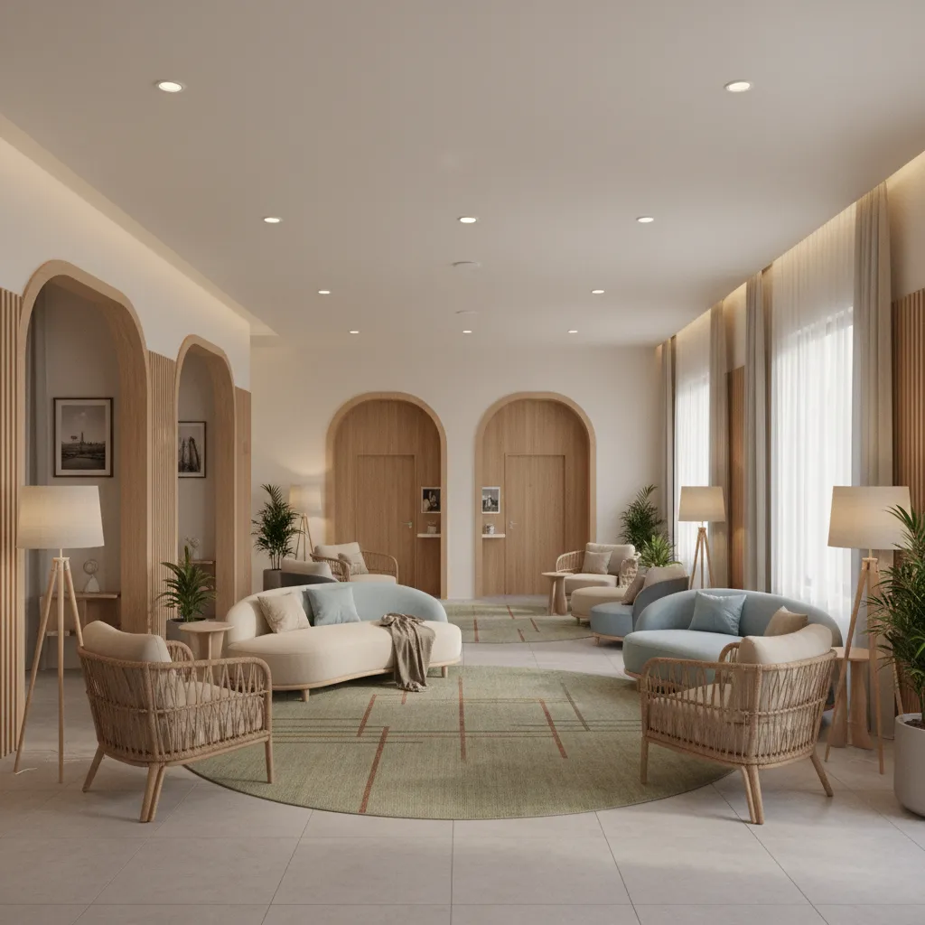 Cluster layout senior living lounge connecting resident rooms