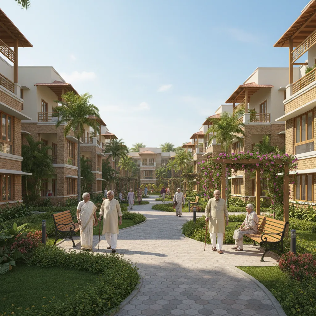 Senior living residential campus with gardens and walking paths
