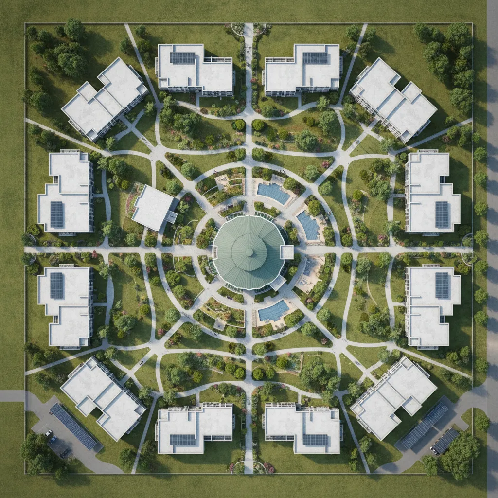 Top view layout of a senior living community with shared facilities and walking areas
