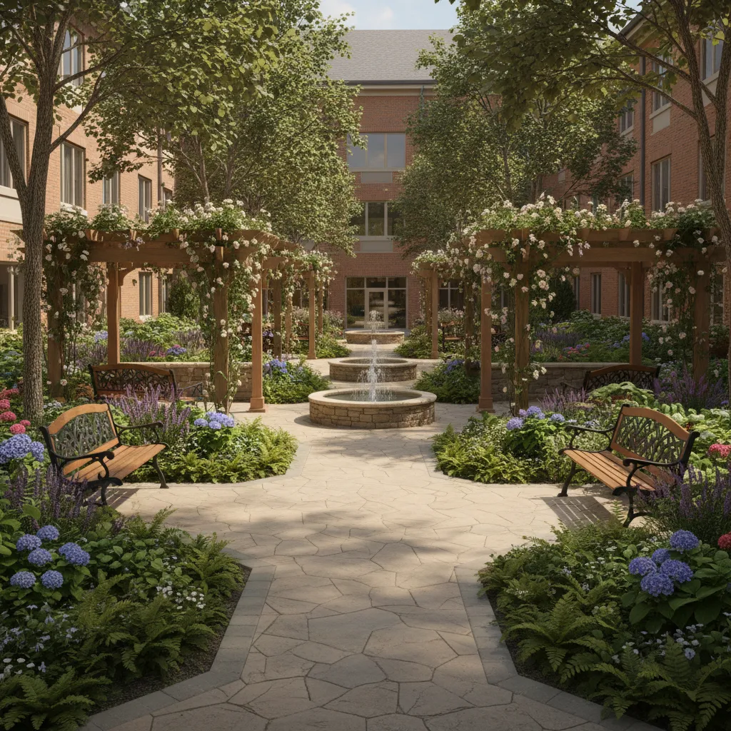 Senior living courtyard garden with shaded seating and walking paths