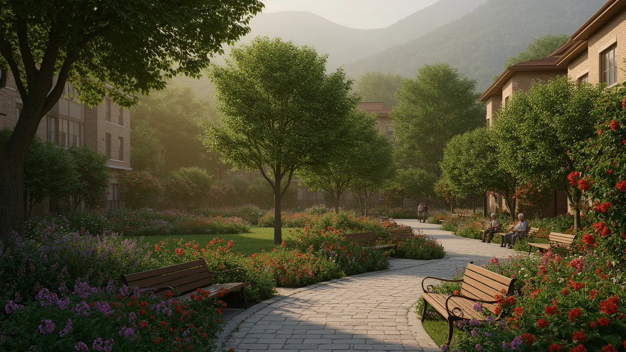 garden courtyard with walking paths for seniors in retirement community