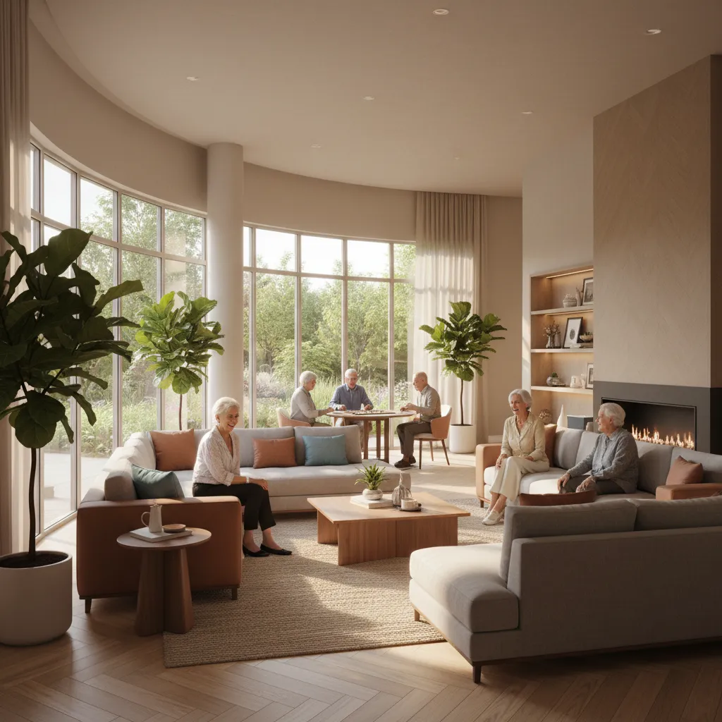 Senior living lounge where elderly residents gather and interact