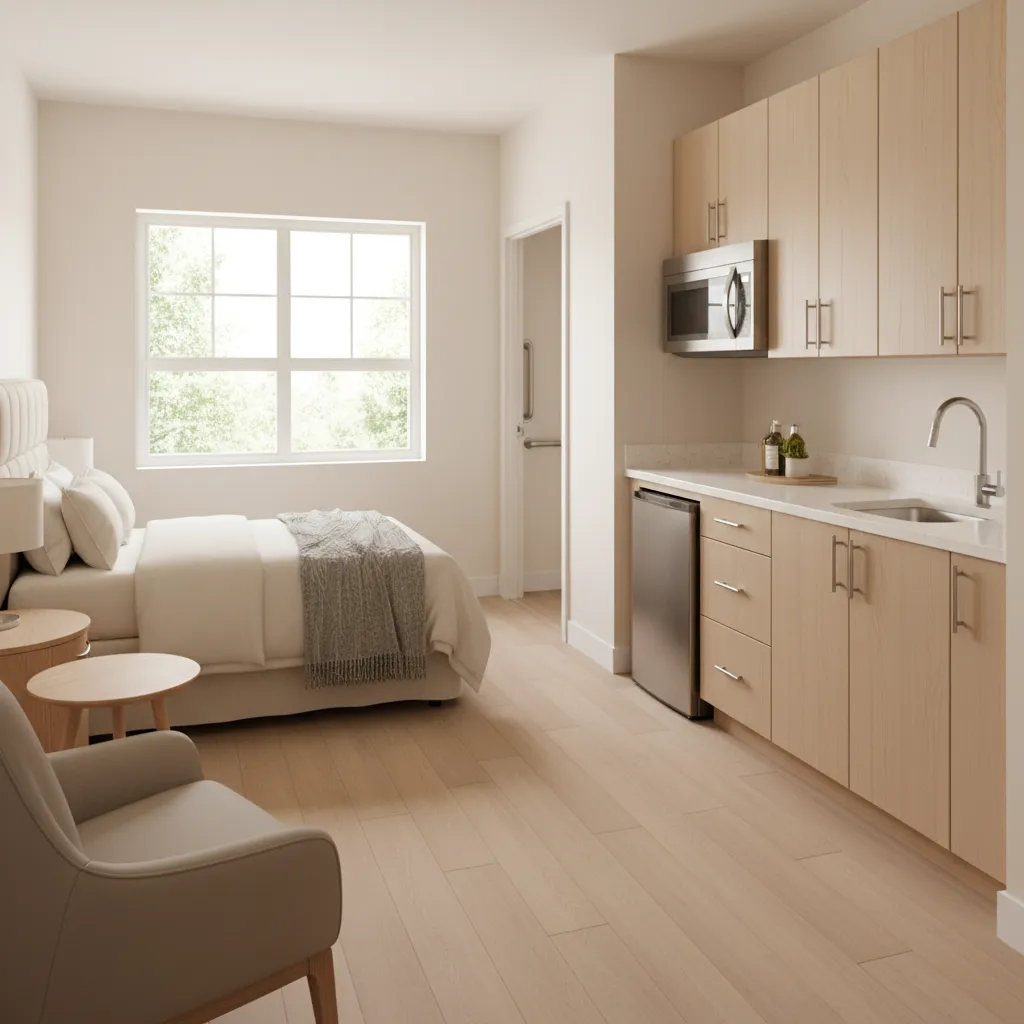 Light wood kitchenette cabinets and sink near a bed with grey blanket and comfortable armchair