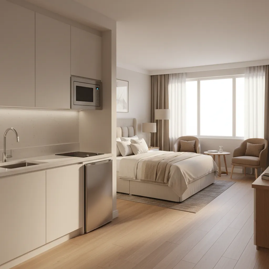 White kitchenette with microwave and bedroom area with two armchairs and a large bright window