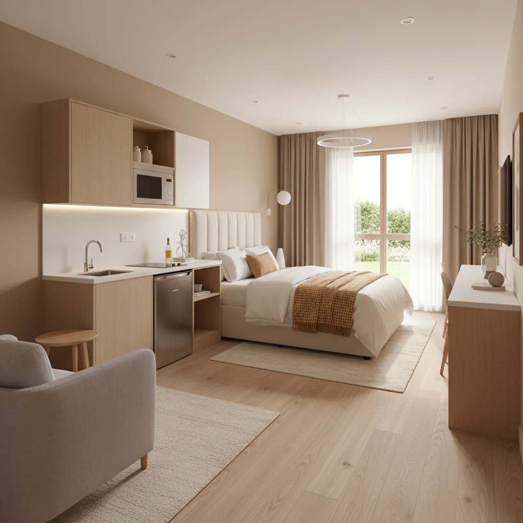 Modern studio apartment interior design with small kitchen single bed and round ceiling light fixture