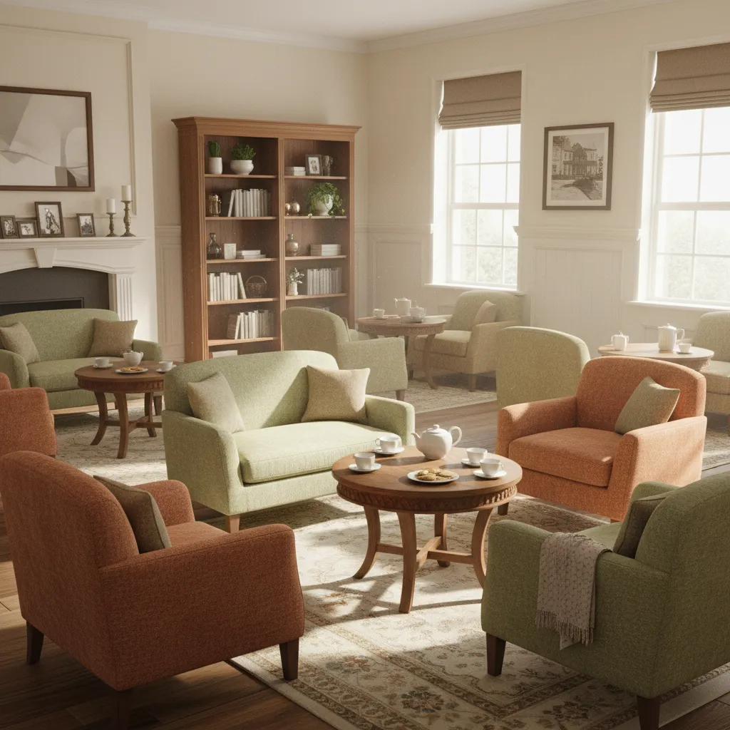 small social lounge area for seniors with seating and reading space