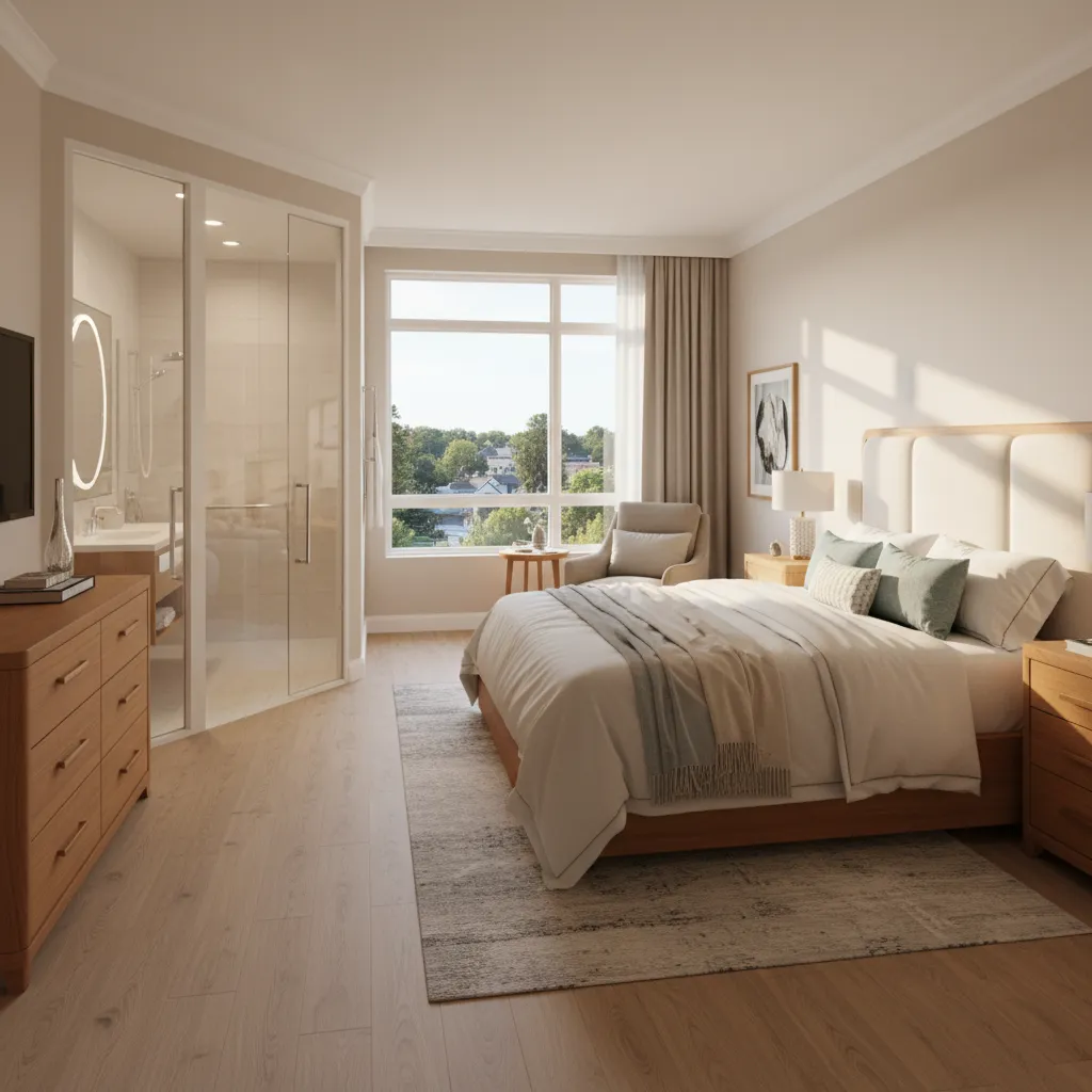 comfortable senior living bedroom suite with accessible bathroom