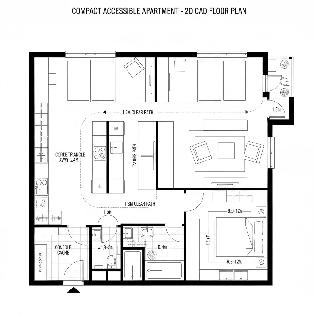 Top-down CAD plan of a senior-ready one-bed with a clear ribbon axis