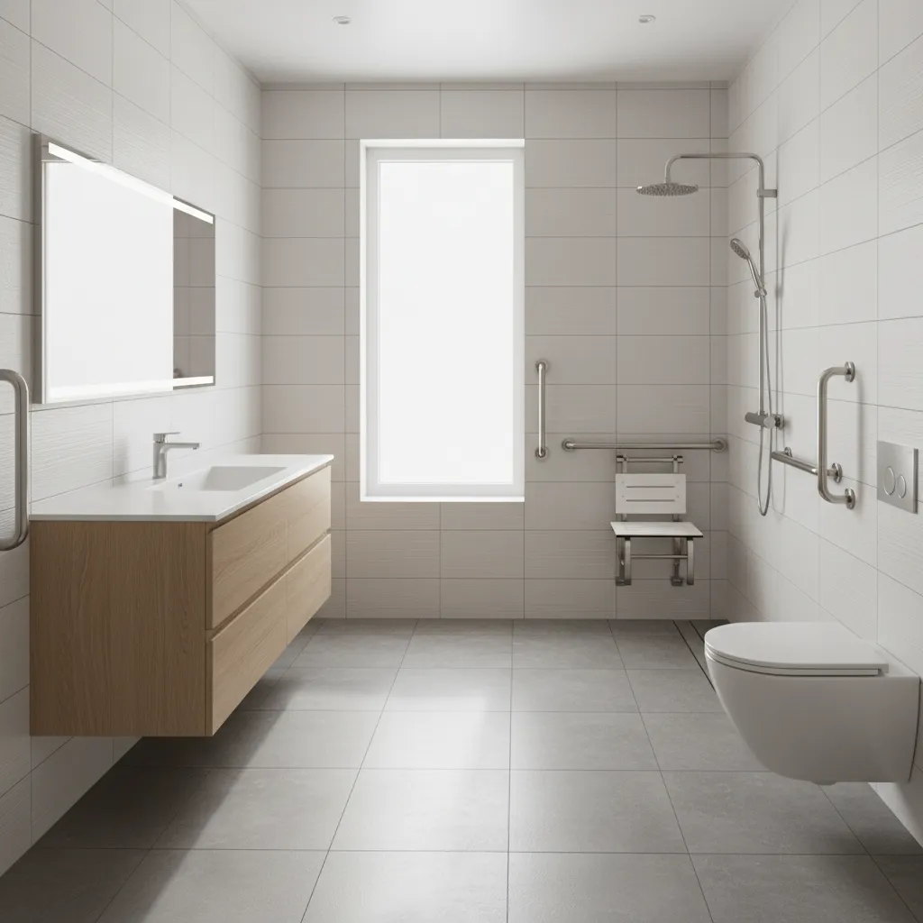 Senior friendly bathroom with walk in shower and grab bars