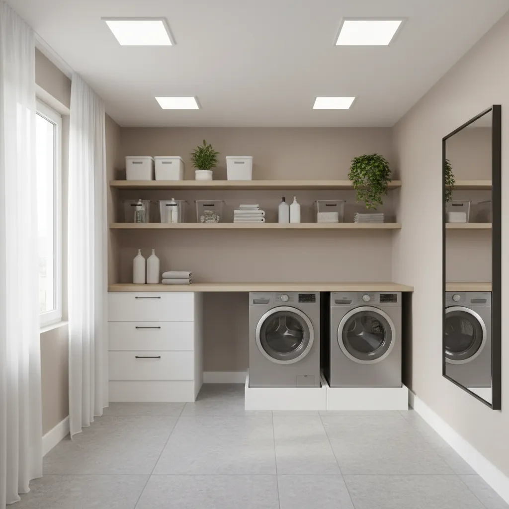 Silver washer and dryer on platforms in a laundry room with white drawers and mirror