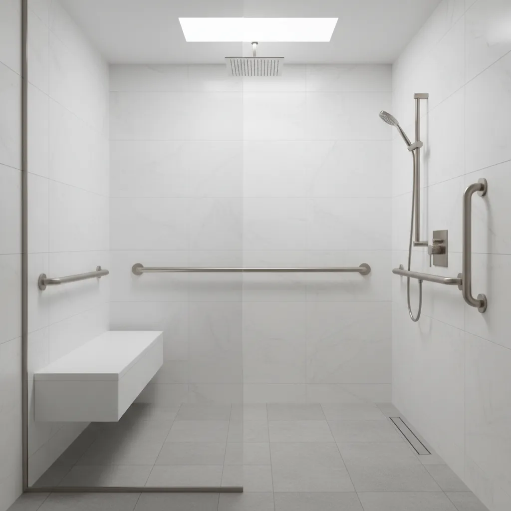 walk in shower remodel with seat and grab bars for elderly homeowners