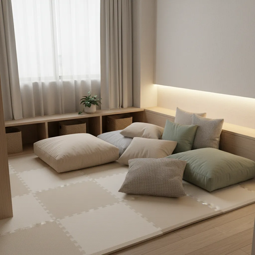 Calming sensory corner in a small bedroom with soft lighting and floor cushions