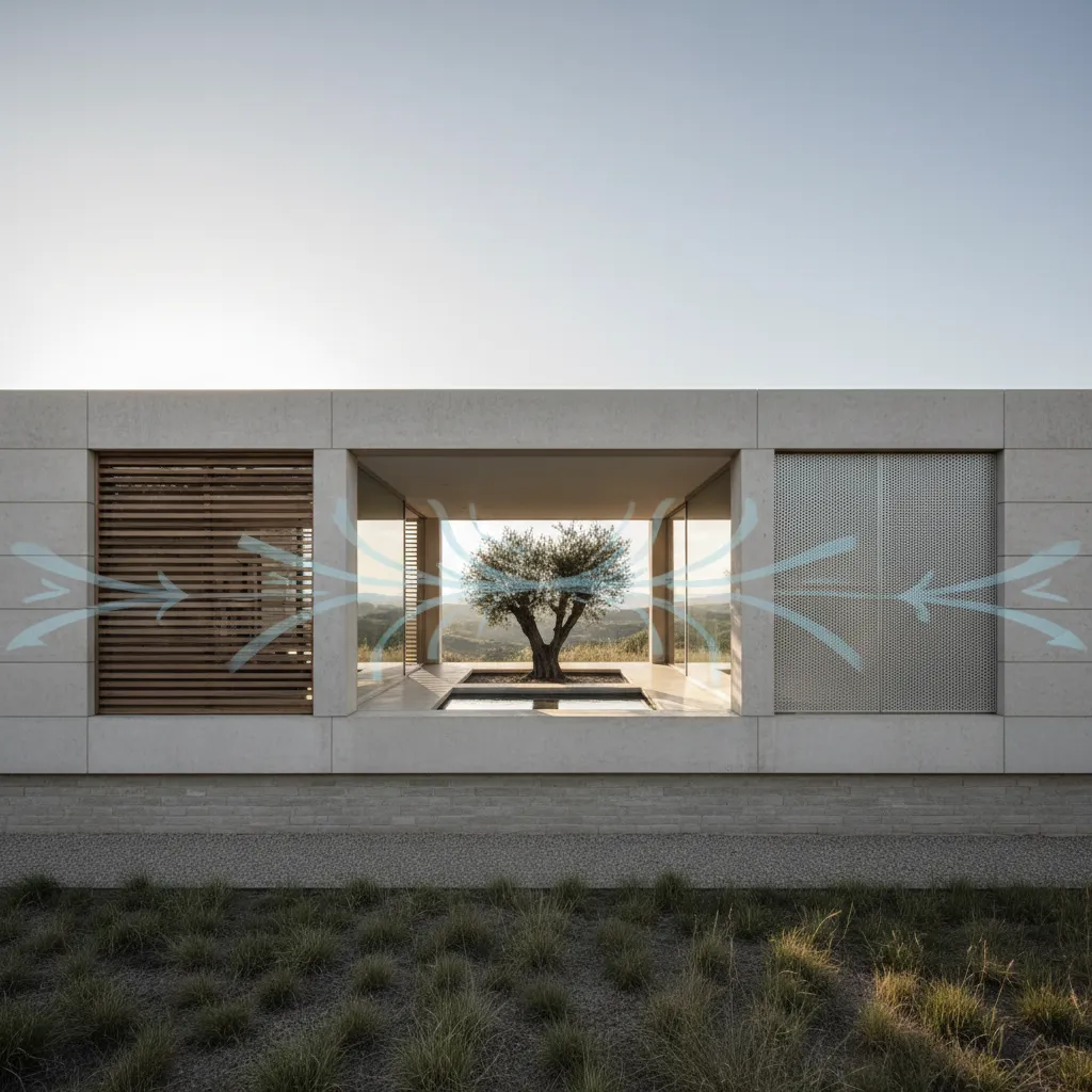 Modern house exterior design showing wind flow through an open courtyard with a single tree