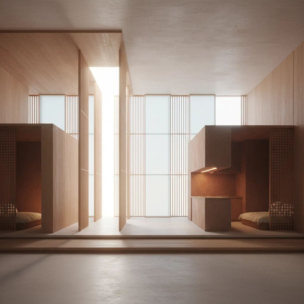 Minimalist interior design drawing showing wooden wall panels high ceilings and bright natural window light