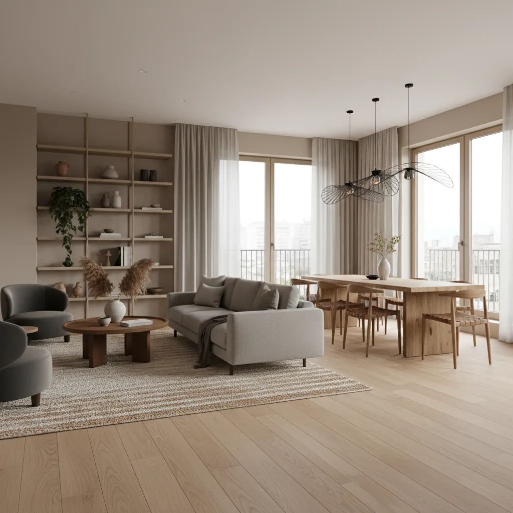 Open plan living space featuring wall shelves, grey sofa, wooden dining table, and ceiling lights