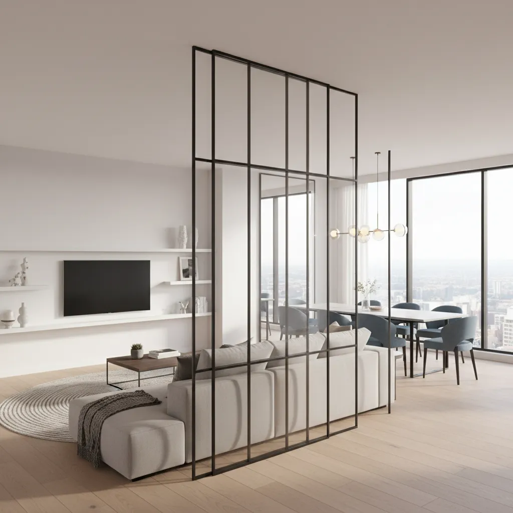 Separador de ambientes con marco de aluminio y paneles de vidrio