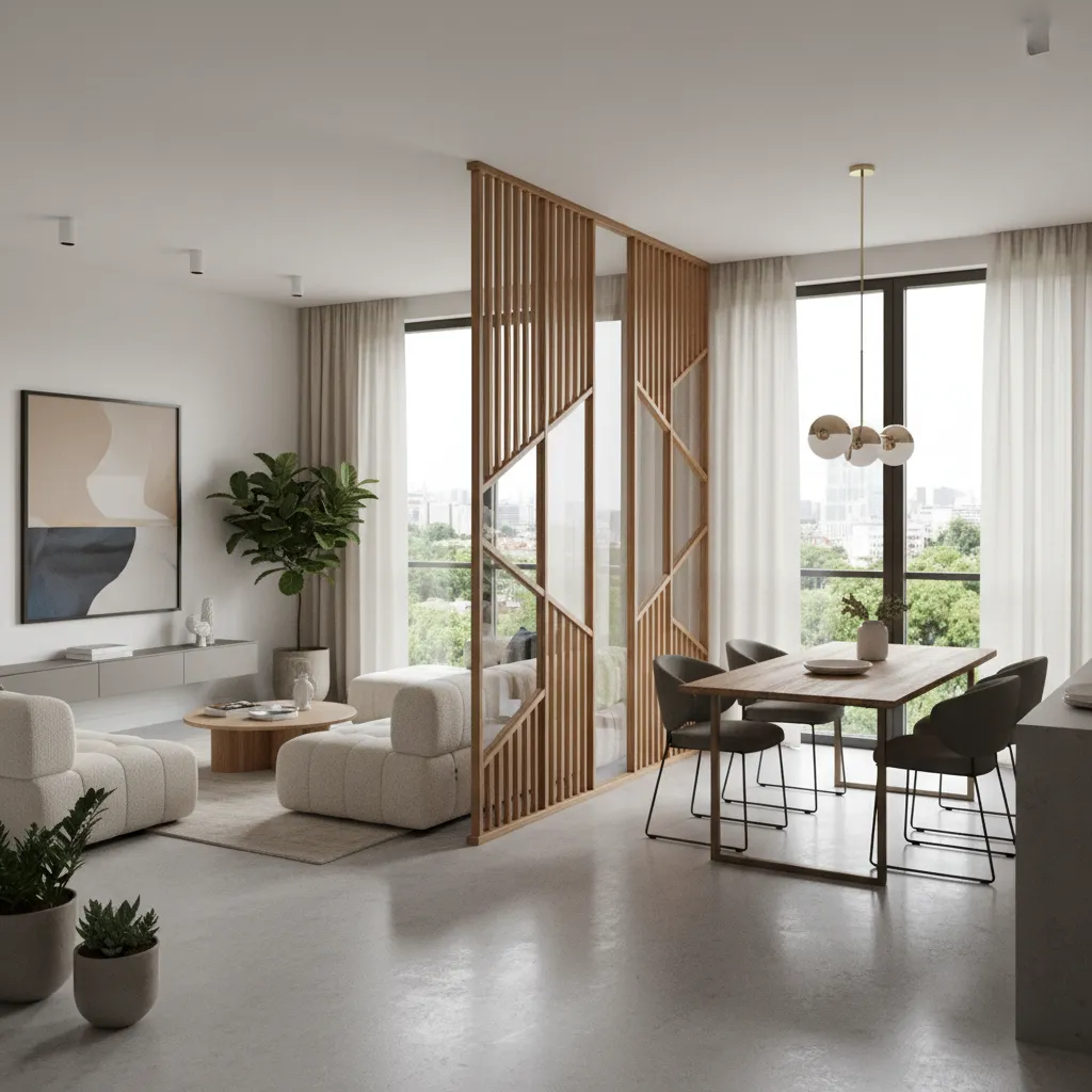 Apartamento moderno con separador decorativo entre zonas