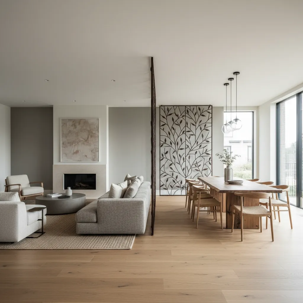 Open plan living and dining room with grey sofa wooden table decorative metal screen divider