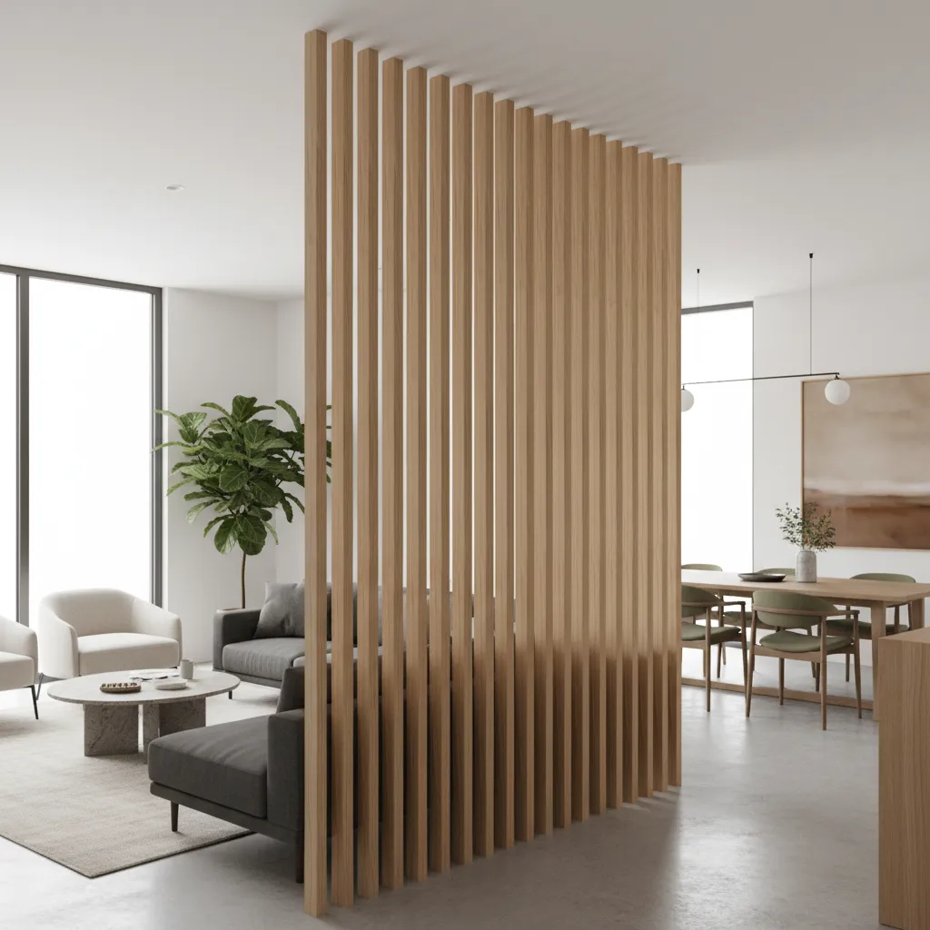 Vertical wood slat room divider separating modern living room area from wooden dining table chairs