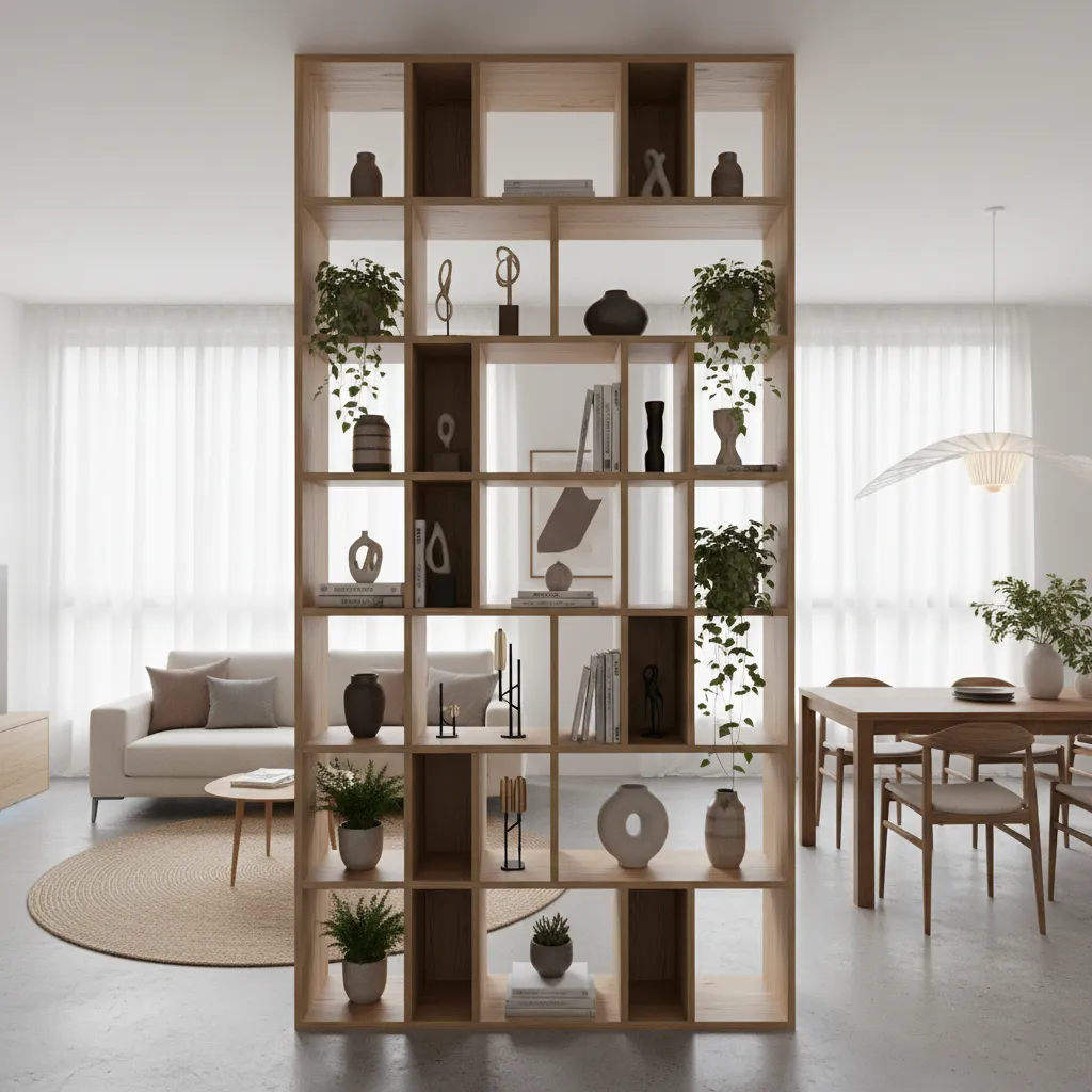 Estantería abierta separando dos ambientes en un apartamento