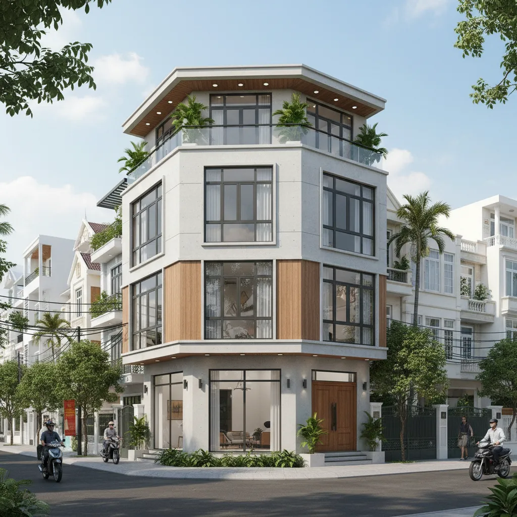 Thiết kế nhà góc với lối vào riêng cho gia đình