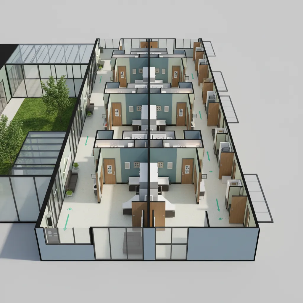 Healthcare floor plan showing separate patient and staff corridors