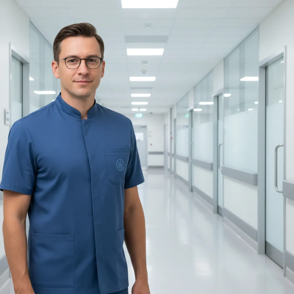 Seragam rumah sakit dengan logo kecil di bagian dada