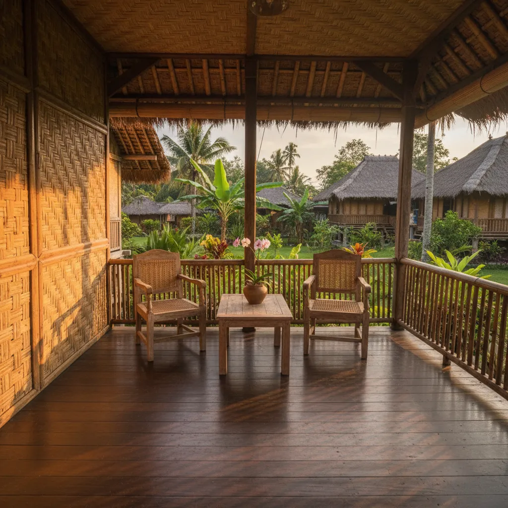 Serambi depan rumah tradisional Sunda dengan kursi kayu