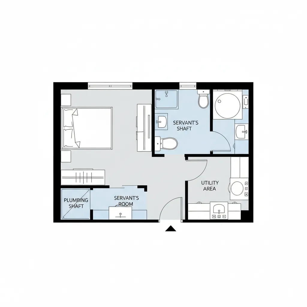 apartment service zone plan showing correct servant bathroom placement near utility shaft