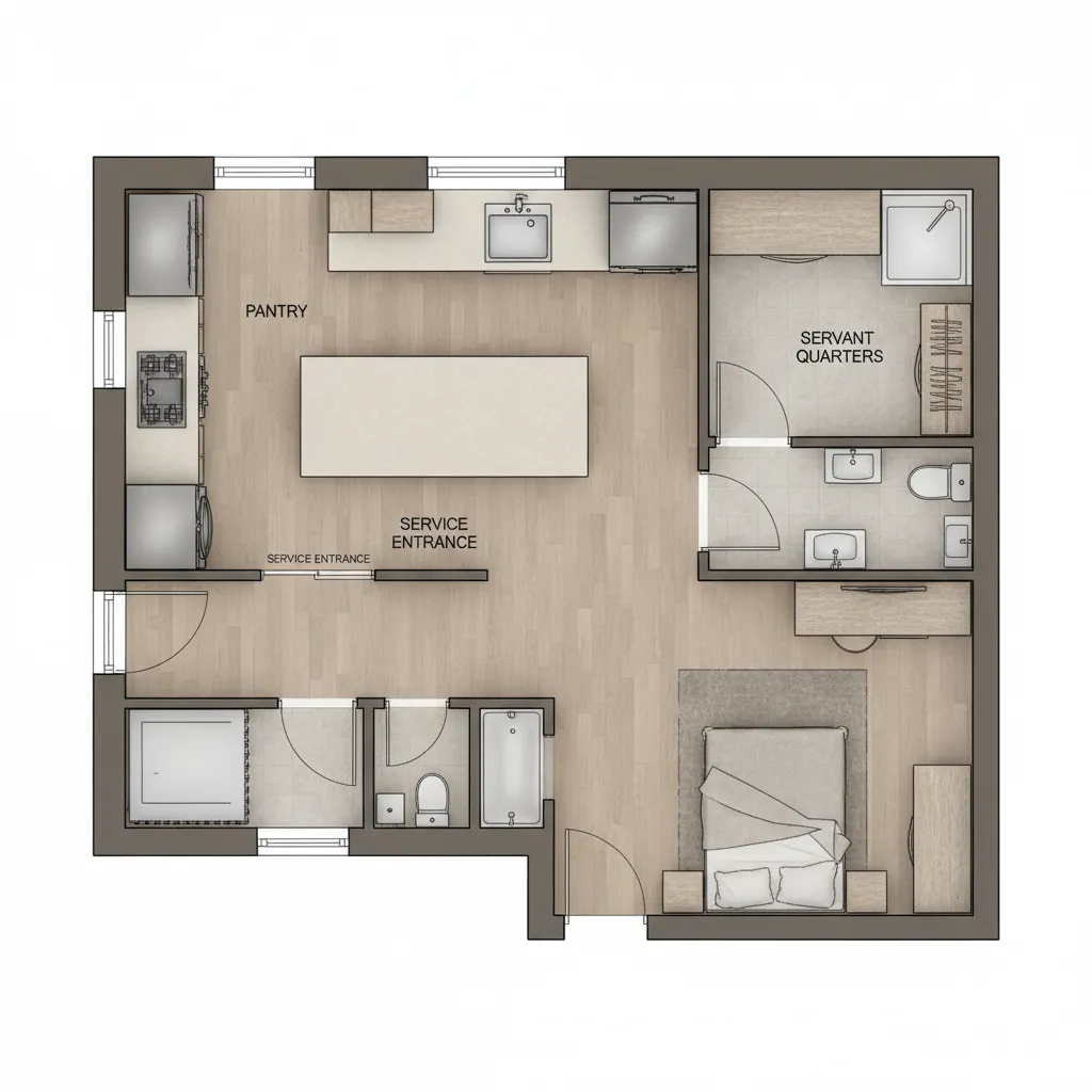 modern home layout showing servant quarters behind the kitchen