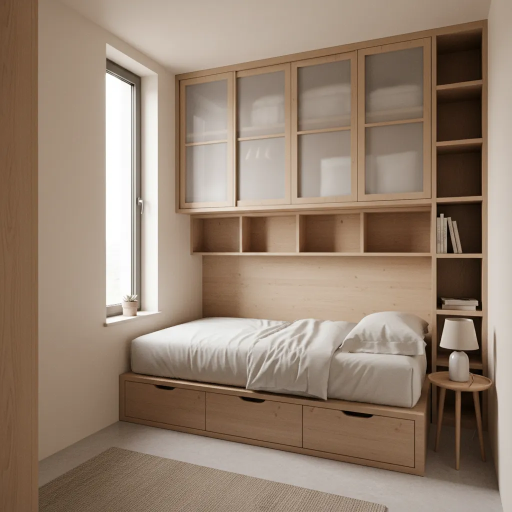 small servant quarters interior with compact bed storage and window