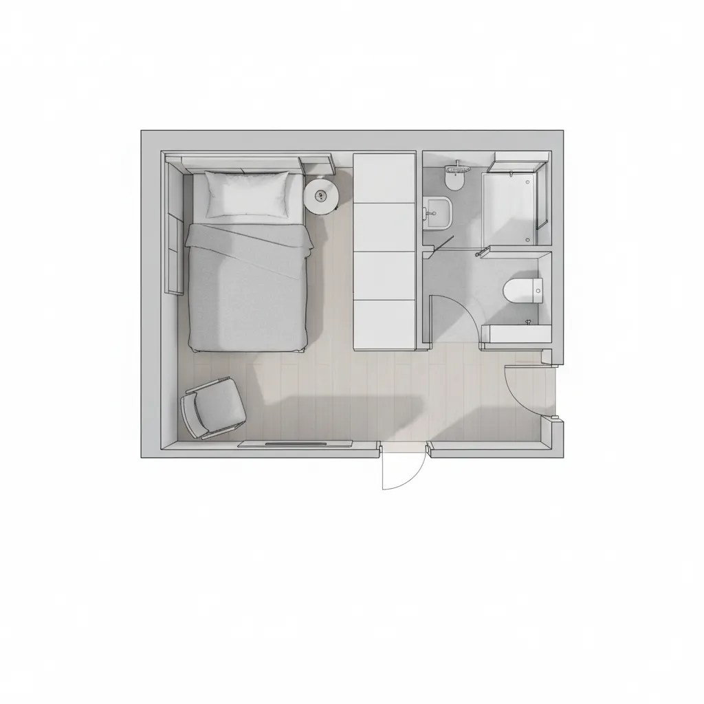 compact servant room floor plan with bed wardrobe and small bathroom