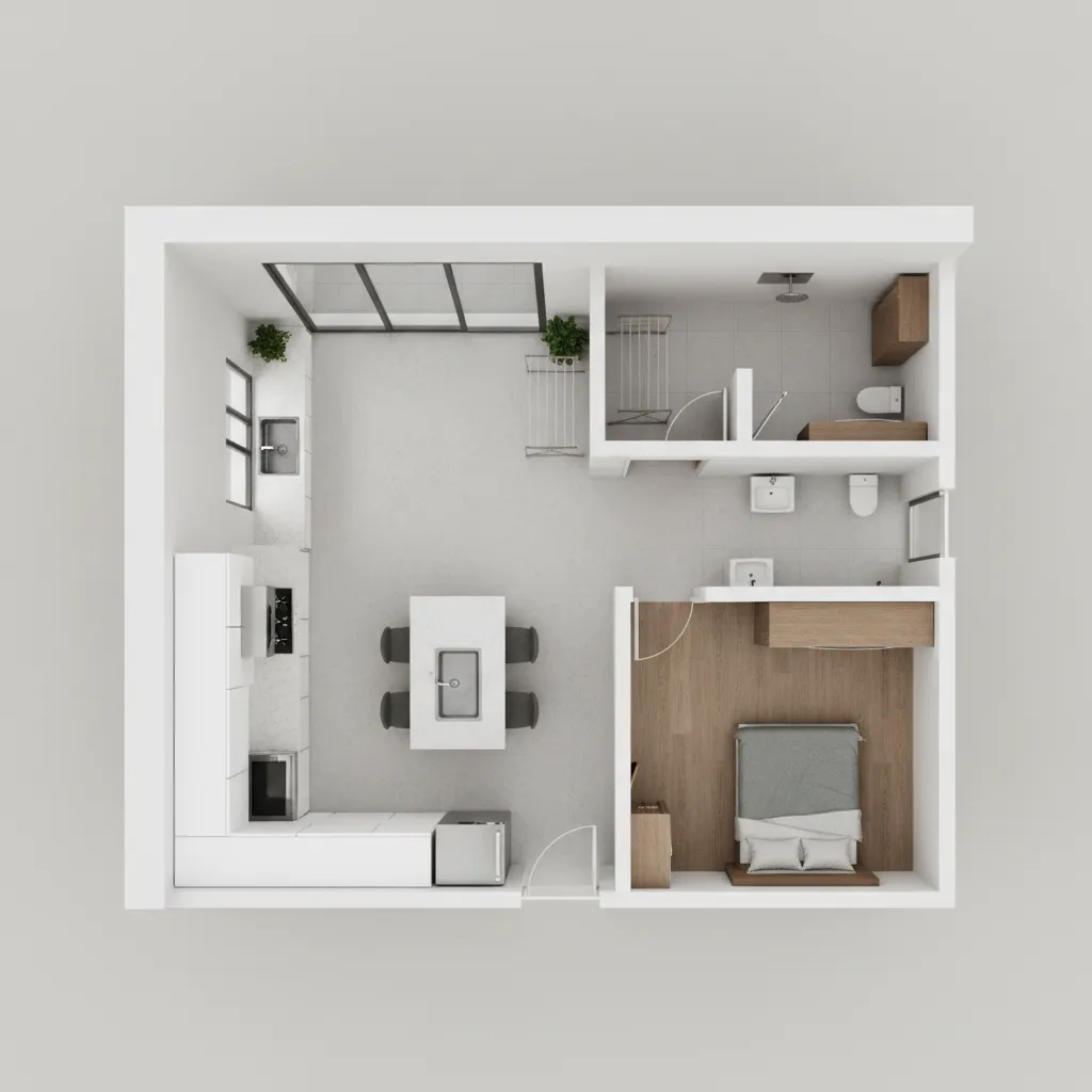 servant room positioned near kitchen and utility balcony in apartment plan