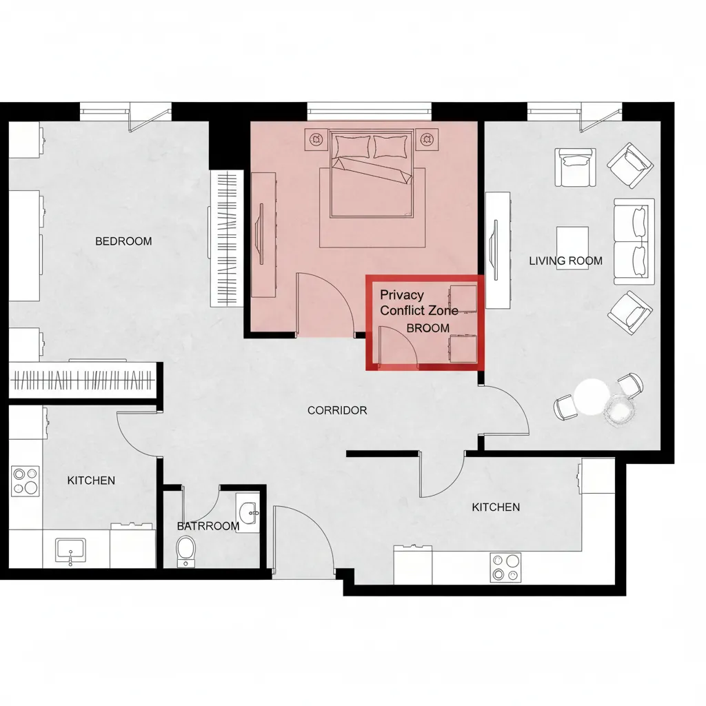 apartment layout showing servant room placed near bedroom corridor causing privacy issues