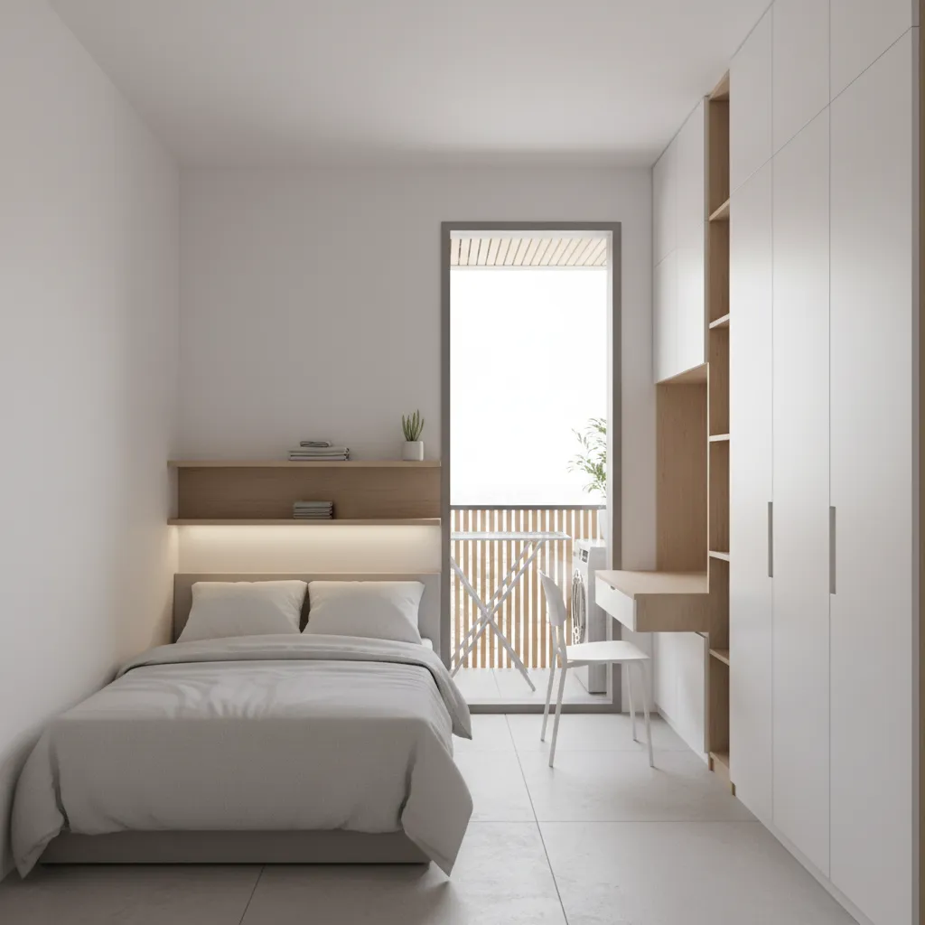 small servant room with window opening to utility balcony for ventilation