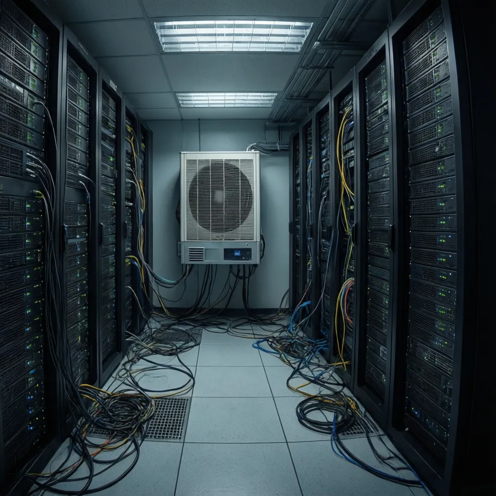 Small server equipment room with dedicated cooling unit and rack servers