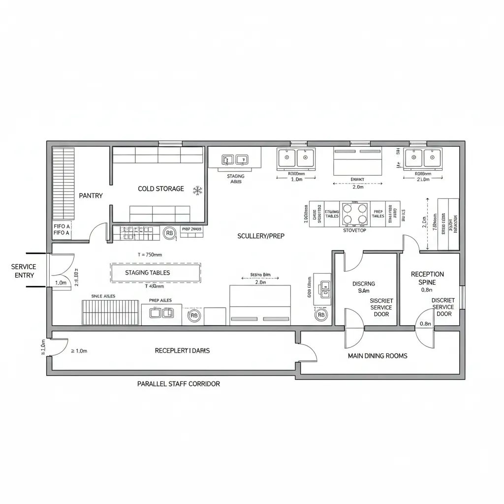 Top-down CAD plan of pantry, scullery, service corridor, and discreet access to main rooms