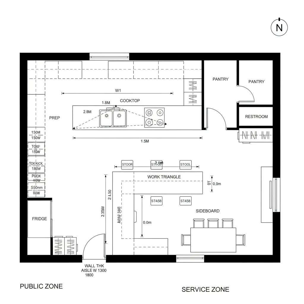 Top-down CAD plan of a compact L or U kitchen core with bar ledge and clear social circulation