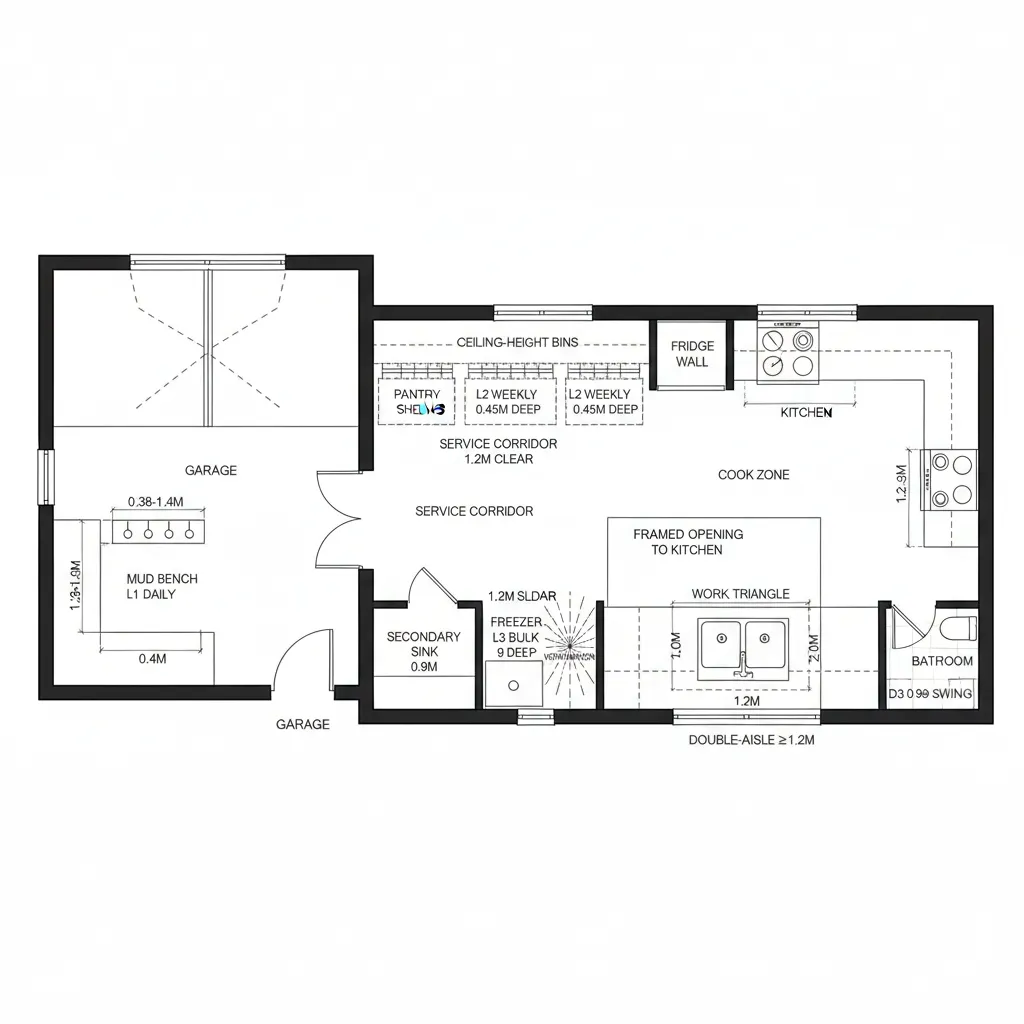 Top-down plan of pantry service corridor linking garage entry to kitchen