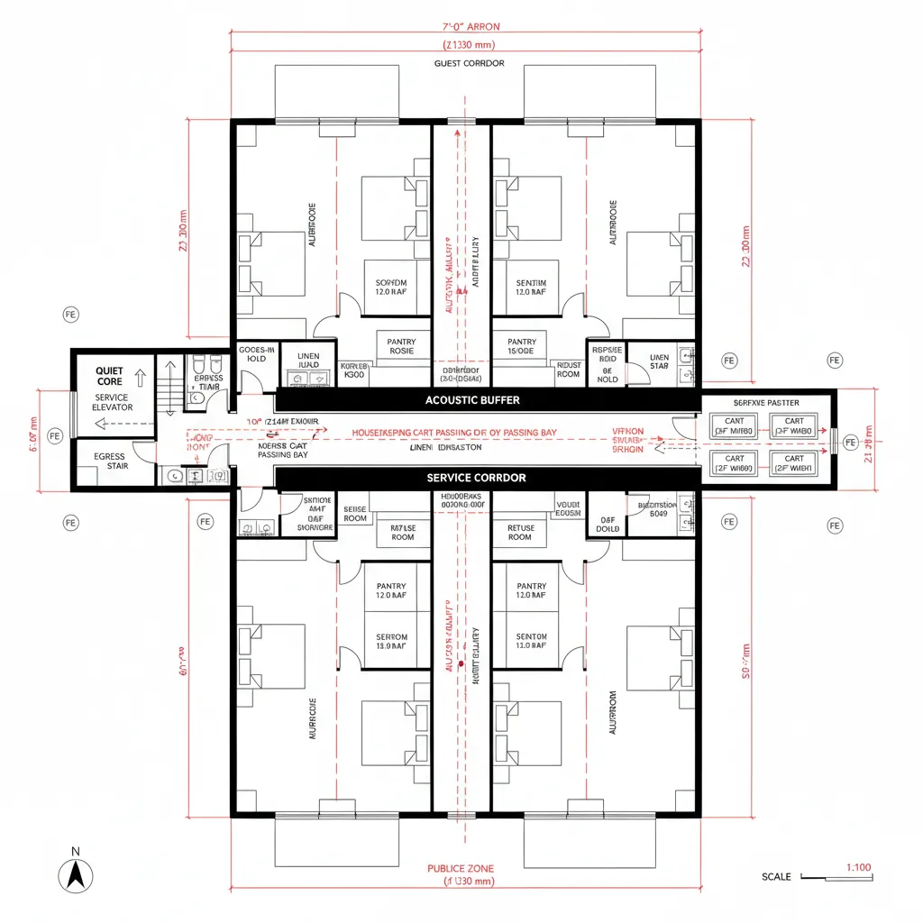 Floor plan interior design drawing showing guest rooms separated by a long central service hallway corridor