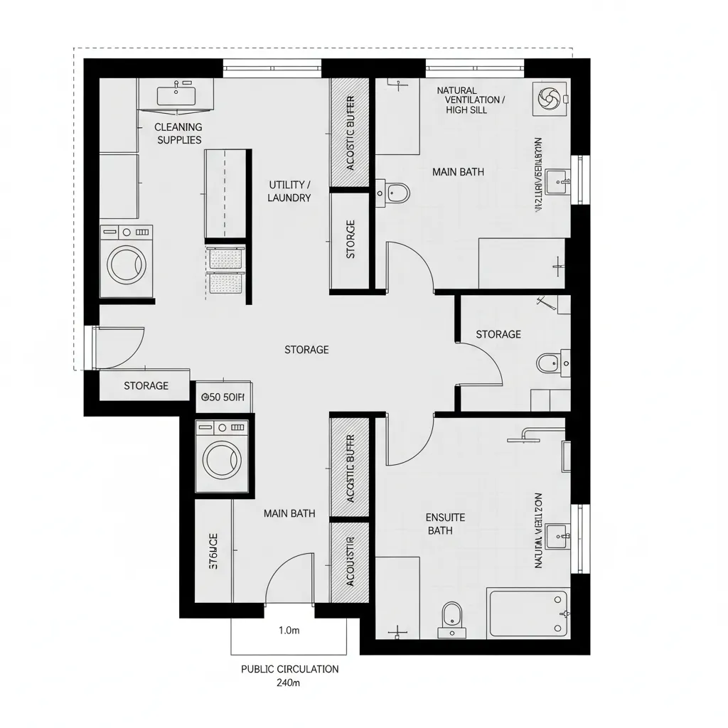 Top-down CAD plan of utility, bathrooms, and acoustic buffers